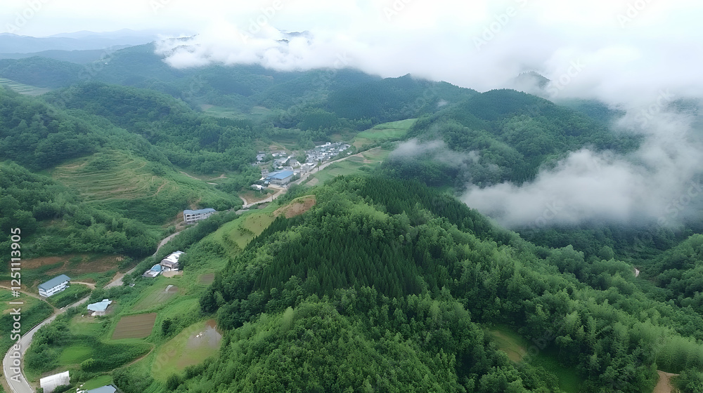 Fototapeta premium Aerial view of valley with rolling hills, clouds, and village nestled in the valley. Potential use Stock photo for travel, landscapes, and nature-related imagery