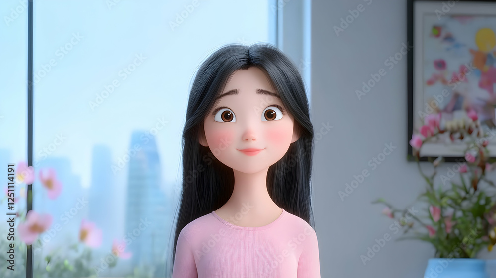 Animated girl, city view, indoor, thoughtful, social media Animated girl, city view, indoor, thoughtful, social media