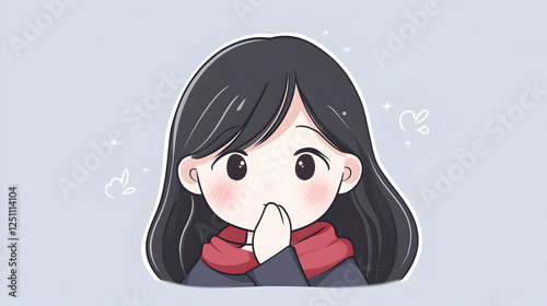 Cute cartoon girl covering mouth, thoughtful expression. Possible use Social media content, children's book illustration, educational material photo