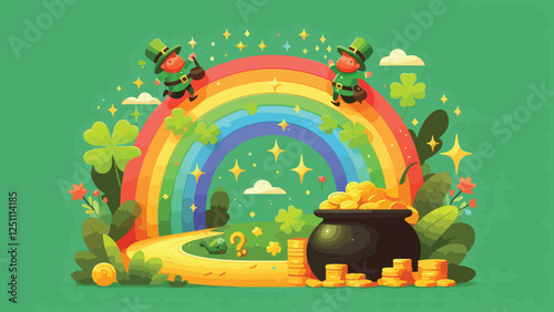 A fantasy scene of a rainbow-shaped pathway leading to a pot of gold, with tiny leprechaun characters climbing or sliding along the rainbow. Add festive decorations like clovers and gold coins scatter