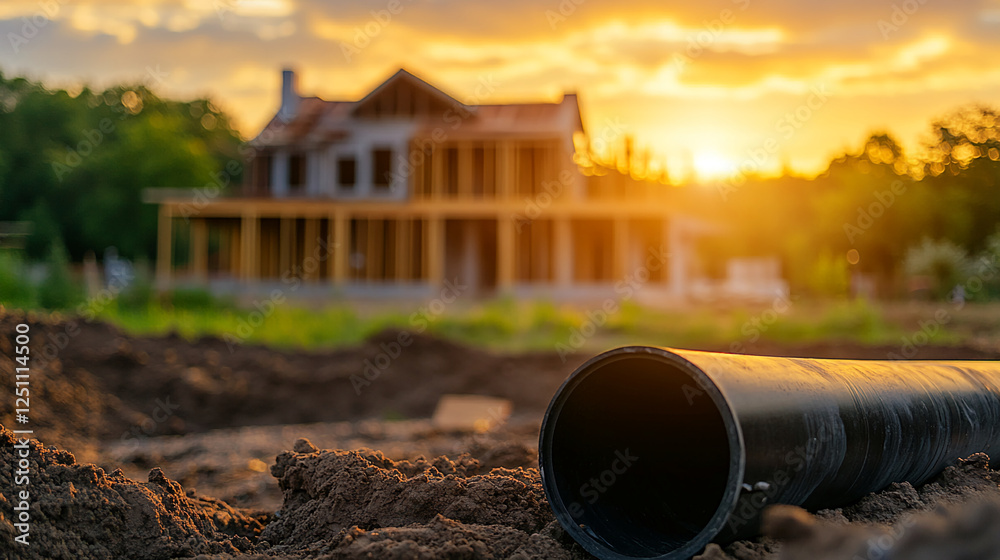 Close-up of a black pipe lying in the dirt in front of a house under construction, with the warm glow of a sunset behind the developing residential building. Close-up of a black pipe lying in the dirt in front of a house under construction, with the warm glow of a sunset behind the developing residential building.