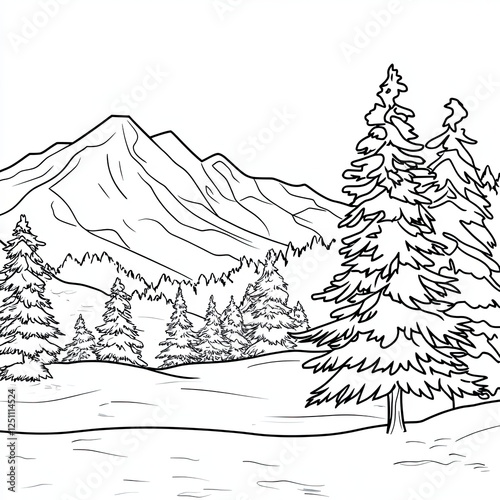 Snowy Mountain Landscape Coloring Page Majestic Peaks and Winter Trees