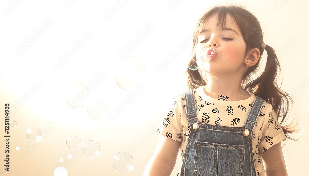 Little Girl Blowing Bubbles Outdoors in Sunlight