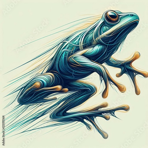 Illustrate a frog jumping with dynamic lines and blurred limbs t