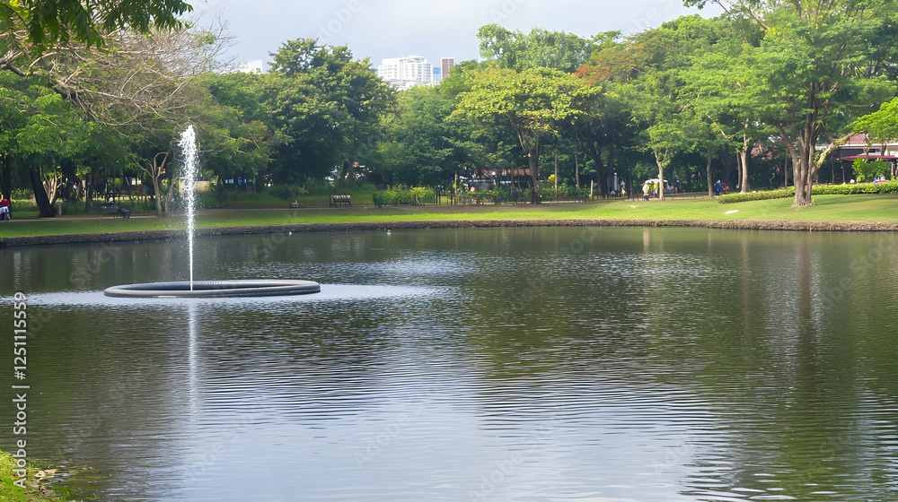 Park fountain in a tranquil pond, city in the background, relaxing atmosphere, for peaceful scene Park fountain in a tranquil pond, city in the background, relaxing atmosphere, for peaceful scene