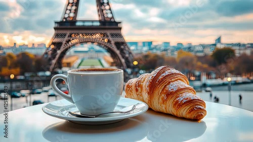 coffee croissants on the background of the Eiffel Tower. Selective focus