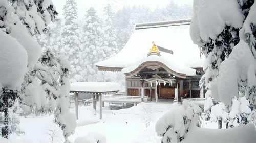 Snowy Japanese temple in winter photo