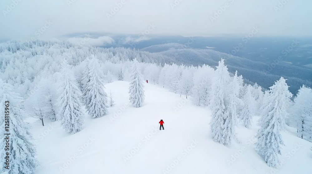 Obraz premium Snowy mountain slopes with skier, aerial view