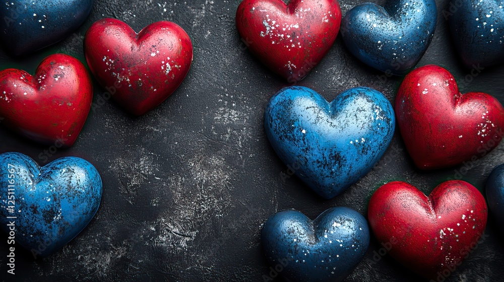 Fototapeta premium Juneteenth tribute hearts in red and blue on a black backdrop, marking freedom from slavery the top view image invites social text or ad placement.