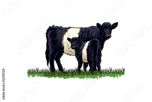 hand drawn Belted Galloway cattle illustration