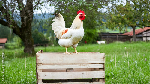 Rooster atop wooden crate in a green pasture. Possible use Farm animal, rural scene, agriculture