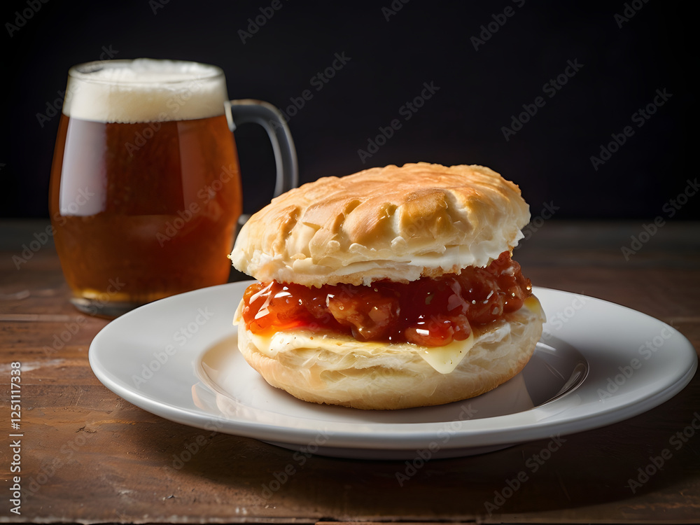 Beaten Biscuit Breakfast Sandwich with Tomato Jam and beer: A mouthwatering biscuit, sits temptingly on a white plate alongside a chilled glass of amber beer. Beaten Biscuit Breakfast Sandwich with Tomato Jam and beer: A mouthwatering biscuit, sits temptingly on a white plate alongside a chilled glass of amber beer.