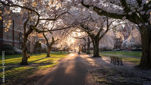 Cherry trees in full bloom during spring season at the university of washington campus in seattle, washington, showcasing vibrant pink flowers and scenic beauty.