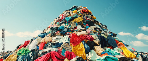 A large pile of discarded clothing and textiles in a landfill under a clear sky, symbolizing the environmental impact of textile waste and fast fashion pollution.