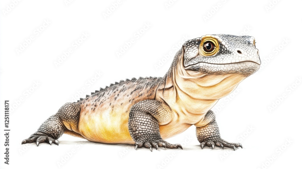 Obraz premium Detailed Pencil Drawing of a Young Gray and Tan Lizard on White Background