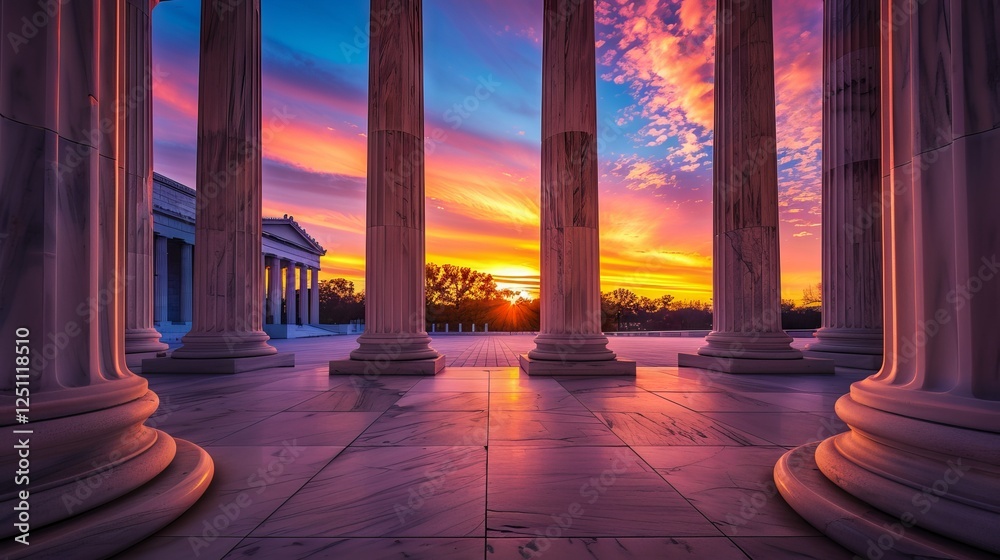 Fototapeta premium Classical columns on a historic government building with vibrant sunset sky in the background