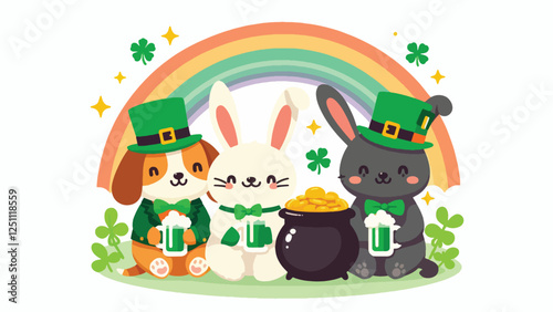 A group of cute animals (like a dog, cat, and rabbit) wearing green hats and bow ties, holding mugs of green drinks and sitting around a pot of gold under a rainbow 