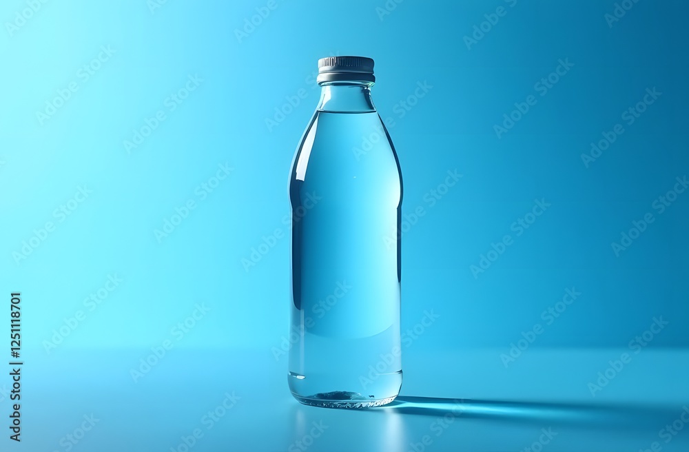 Naklejka premium clear water in a glass bottle on a pale blue background. Monochrome photo with a blue tint