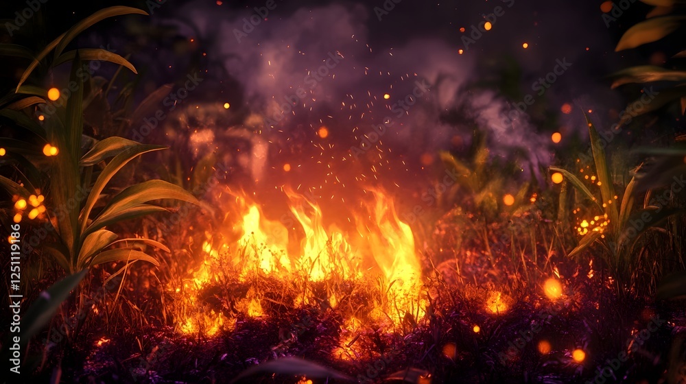 Intense forest fire burning through dry vegetation with scorching flames billowing smoke and an ominous glow illuminating the night sky Intense forest fire burning through dry vegetation with scorching flames billowing smoke and an ominous glow illuminating the night sky