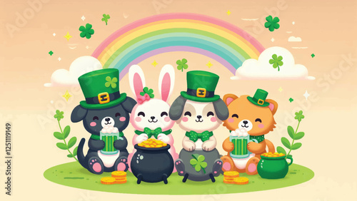 A group of cute animals (like a dog, cat, and rabbit) wearing green hats and bow ties, holding mugs of green drinks and sitting around a pot of gold under a rainbow 