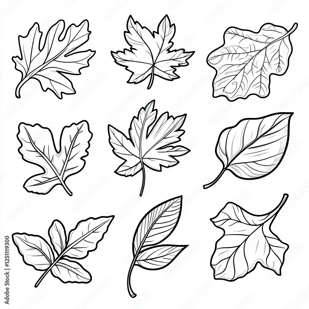 Fototapeta premium Charming Autumn Leaves Simple Shapes for Coloring Book Pages