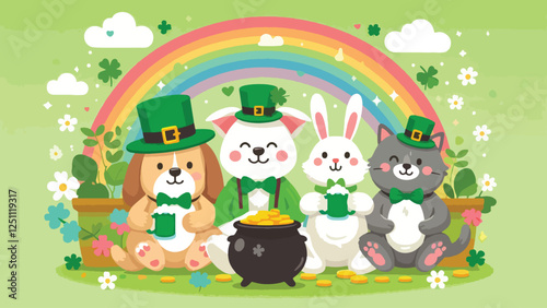 A group of cute animals (like a dog, cat, and rabbit) wearing green hats and bow ties, holding mugs of green drinks and sitting around a pot of gold under a rainbow 