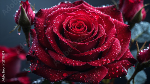 Dramatic deep red rose in full bloom with velvety soft petals and a rich aesthetic making it a perfect romantic floral arrangement photo