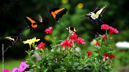Colorful butterflies flit among vibrant flowers in a garden. Possible use nature photography