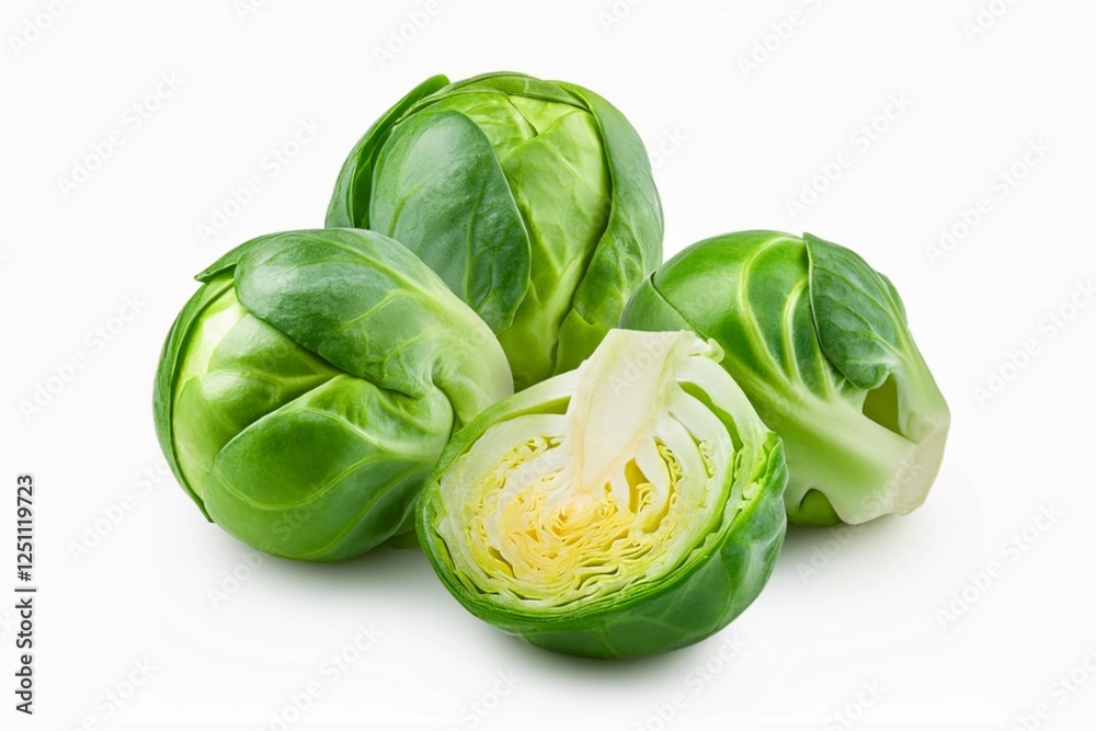 Close up brussels sprouts (Brassica oleracea) isolated on white background with clapping path full of depth of field Close up brussels sprouts (Brassica oleracea) isolated on white background with clapping path full of depth of field