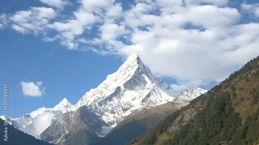 Snow-capped mountain peak in valley under blue sky. Possible use Travel poster Snow-capped mountain peak in valley under blue sky. Possible use Travel poster