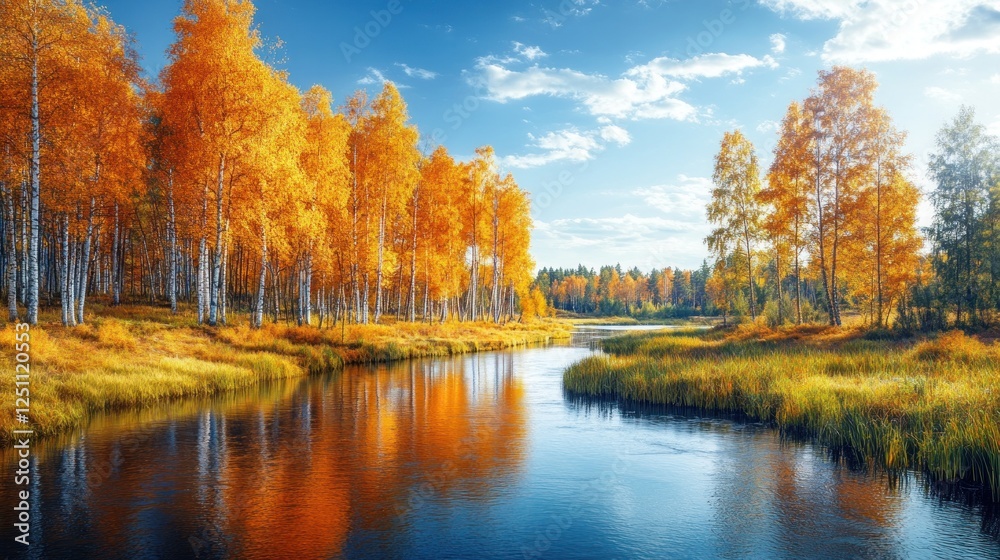Autumnal Birch Trees Reflecting in Calm River Water Autumnal Birch Trees Reflecting in Calm River Water