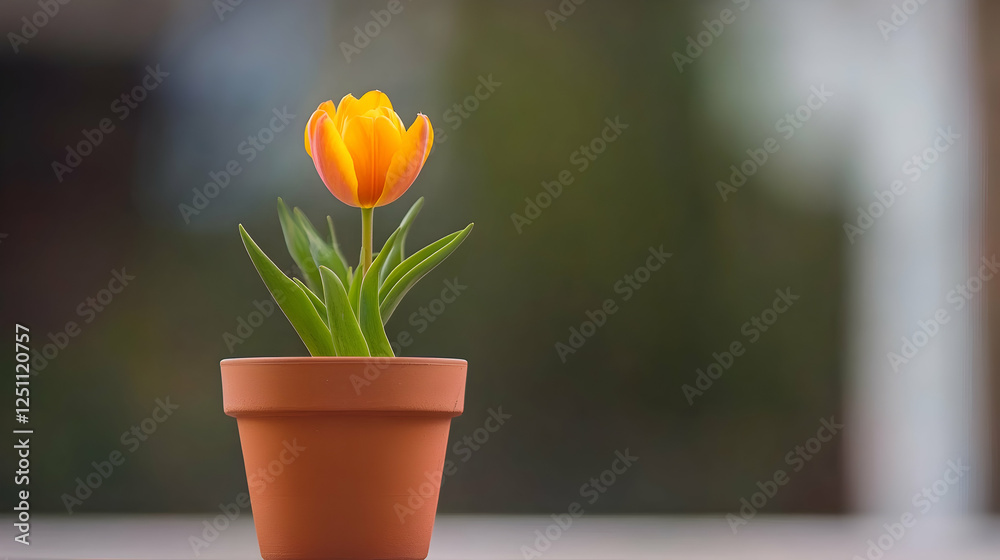Single orange-yellow tulip in terracotta pot, blurred background. Possible use Stock photo for spring, gardening, nature Single orange-yellow tulip in terracotta pot, blurred background. Possible use Stock photo for spring, gardening, nature