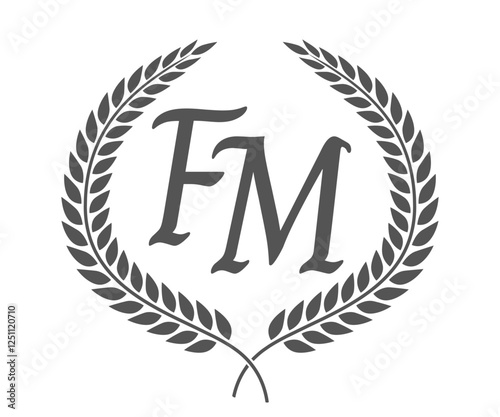 Initial letter F and M, FM monogram logo design with laurel wreath. Luxury calligraphy font.
