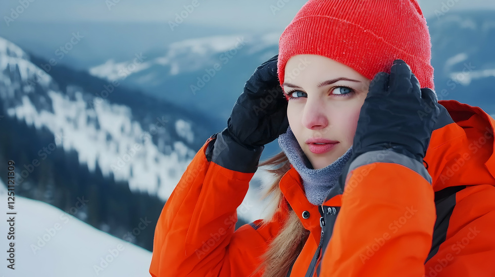 Woman in orange jacket adjusting red hat in snowy mountains. Possible use for travel or winter sports posters Woman in orange jacket adjusting red hat in snowy mountains. Possible use for travel or winter sports posters