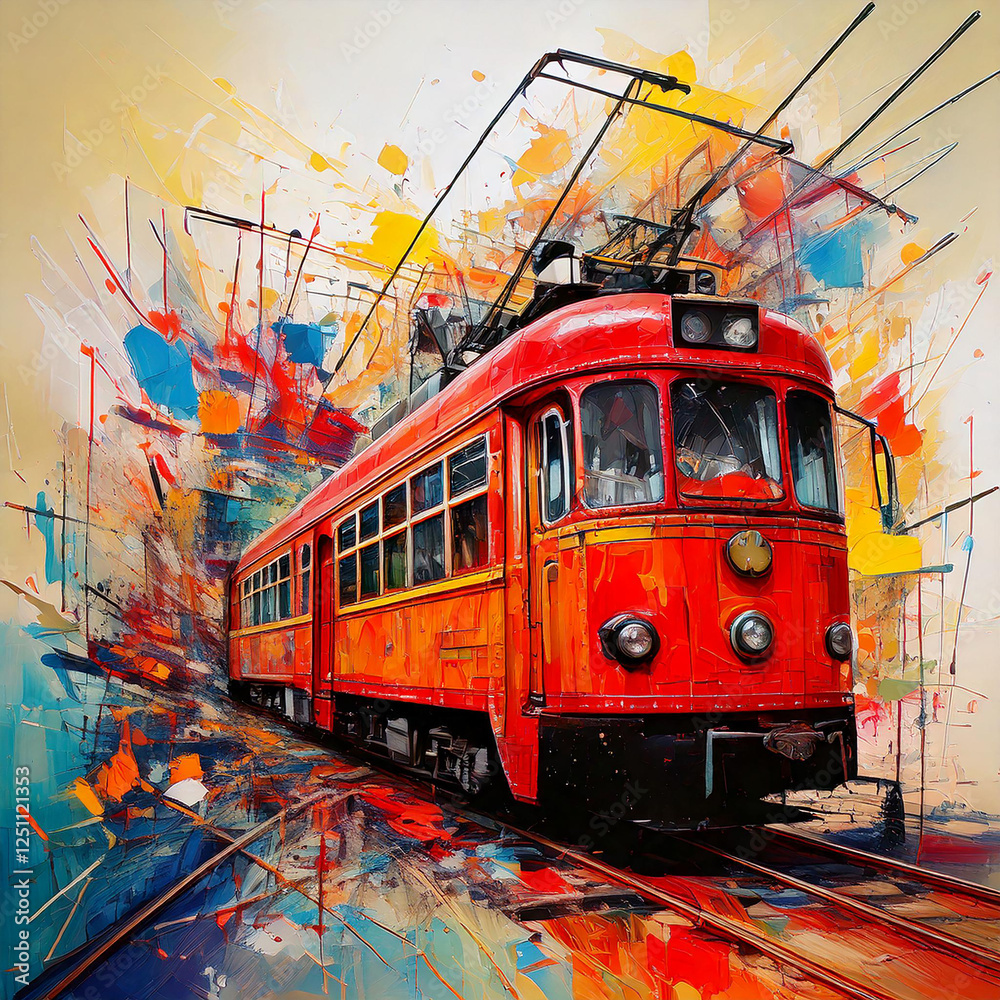 Fototapeta premium Red old tram painting, watercolor wall art paint