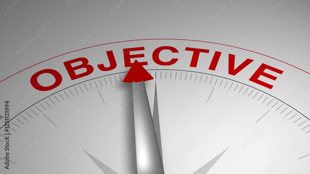 Objective text or word with a gauge arrow on a compass, representing guidance and direction on a clean white background. Ideal for business, coaching, consulting, and concept Objective text or word with a gauge arrow on a compass, representing guidance and direction on a clean white background. Ideal for business, coaching, consulting, and concept
