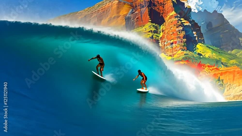A skilled surfer catches a massive wave, showcasing agility and confidence. The stunning backdrop of turquoise waters and golden sands highlights the thrill and freedom of ocean sports