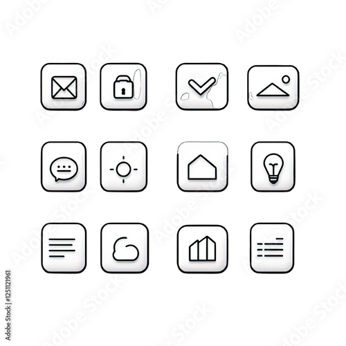 UI/UX menu bar icon set with clean, minimalist design on a white background, featuring simple, recognizable icons like home, settings, search, notifications, and user profile, all with a single-line s photo