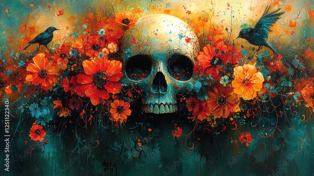 Floral Skull Embrace With Birds In Flight Floral Skull Embrace With Birds In Flight