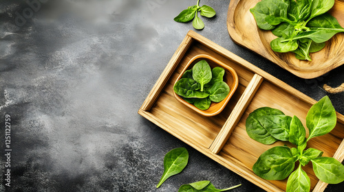 Fresh spinach leaves in wooden containers on dark background.  Possible use Cooking, healthy eating photo