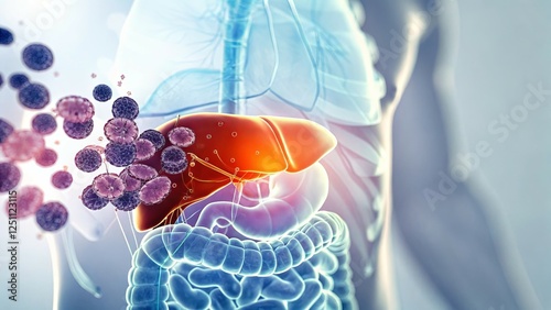 Illustration of human anatomy highlighting the liver and surrounding organs.