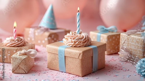 Lovely birthday party composition. Top view vertical image capturing sweet merengue, wrapped presents, celebratory hats, balloons, confetti, Happy Birthday letter candles on a pastel pink backdrop.