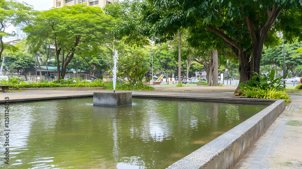 Obraz premium Urban park fountain reflecting buildings and trees. Peaceful city space. Possible stock photo use