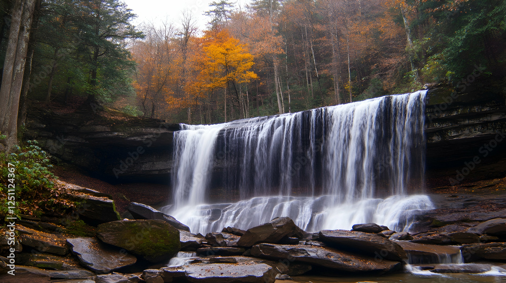 Autumn waterfall cascading over rocky ledge in forest. Possible use for nature photography Autumn waterfall cascading over rocky ledge in forest. Possible use for nature photography