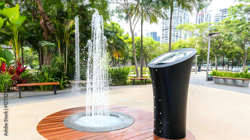 Modern fountain in urban park, water feature, city background photo