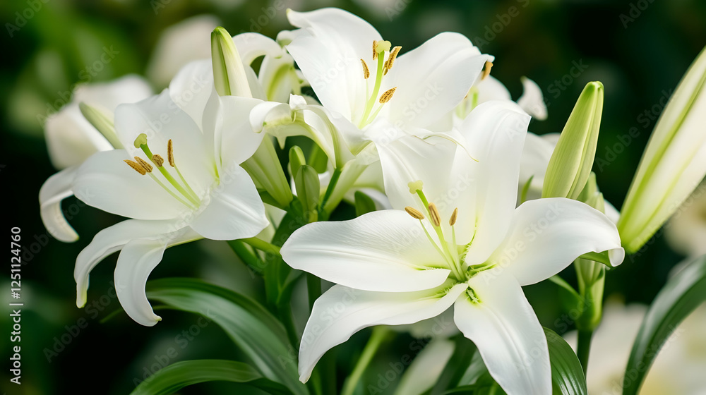 White lilies in bloom, close-up shot. Possible use Floral photography White lilies in bloom, close-up shot. Possible use Floral photography