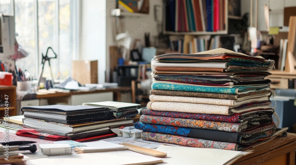 A stack of fabric samples on a table in a workshop. A stack of fabric samples on a table in a workshop.