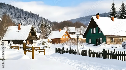 Snowy village houses nestled in winter forest. Ideal for winter travel, tourism, or holiday themes photo