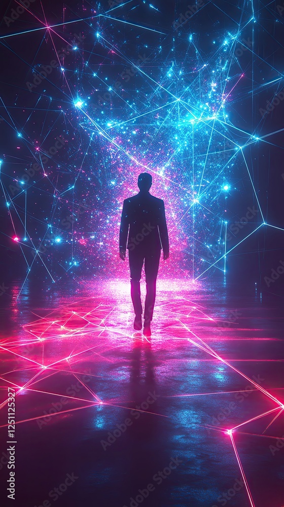 A figure walks through a vibrant digital landscape. A figure walks through a vibrant digital landscape.