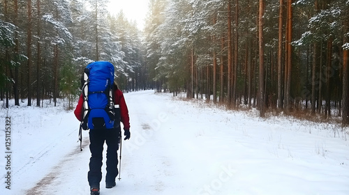 Hiker in snowy forest trail photo